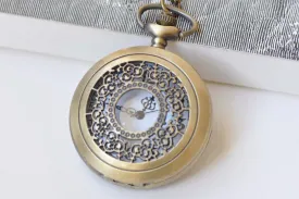 1 PC Antique Bronze Steampunk Round Pocket Watch Necklace A3357