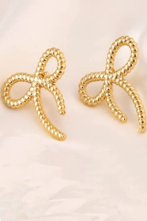 18K STAINLESS STEEL TARNISH FREE BOW STUD EARRINGS | 40E328: Gold