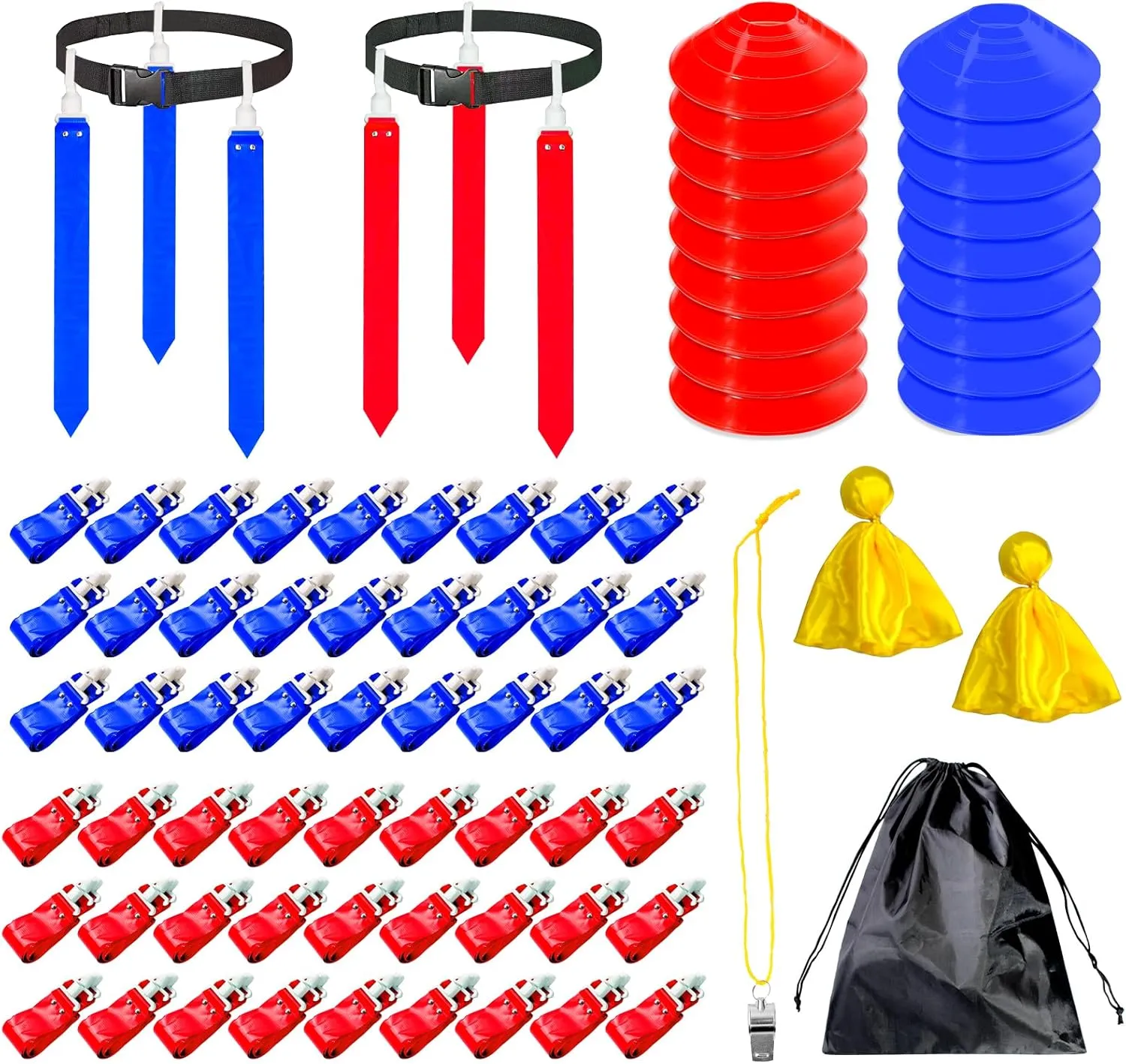 92 Pcs Flag Football Set for 16 Players with 54 Flags, 16 Belts, 18 Cones, and Accessories Including Penalty Flags, Whistle, and Storage Bag for Youth, Adults, and Kids Training Outdoor Games
