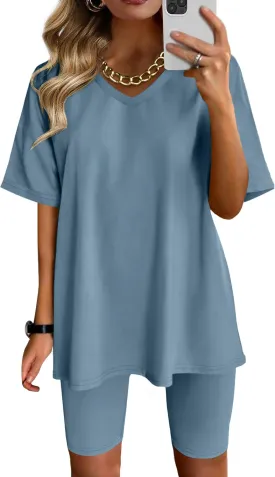 AGSEEM Two Piece Outfits For Women Summer V Neck T-Shirt Tops Biker Shorts Workout Sports Tracksuit