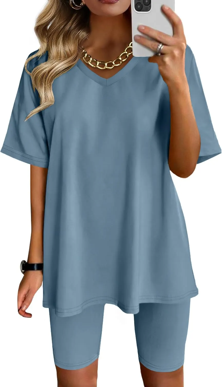 AGSEEM Two Piece Outfits For Women Summer V Neck T-Shirt Tops Biker Shorts Workout Sports Tracksuit