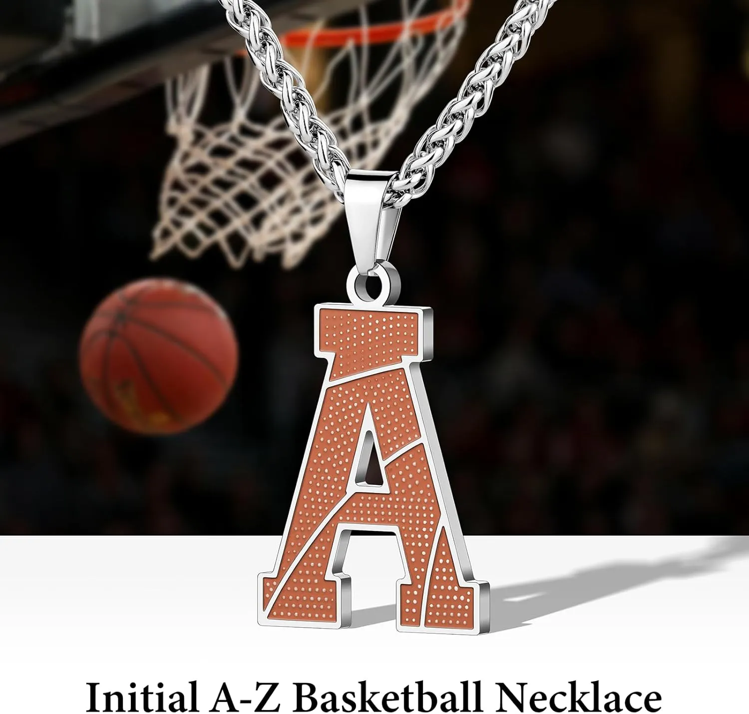 AMITER Inspirational Basketball Necklace, Personalized A-Z Initial Basketball Charm Pendant Necklace for Men & Women