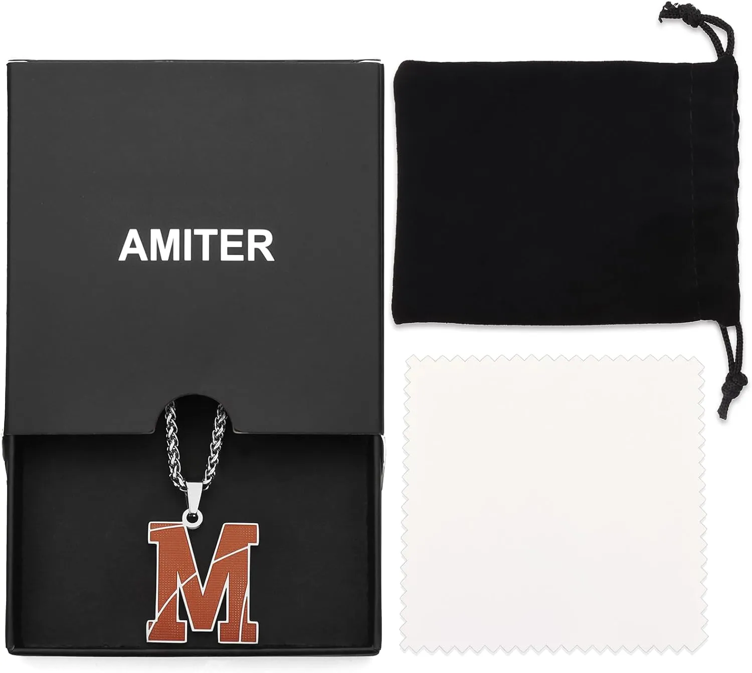 AMITER Inspirational Basketball Necklace, Personalized A-Z Initial Basketball Charm Pendant Necklace for Men & Women