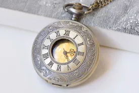 Antique Bronze Double Numerals Pocket Watch Necklace Set of 1 A2656