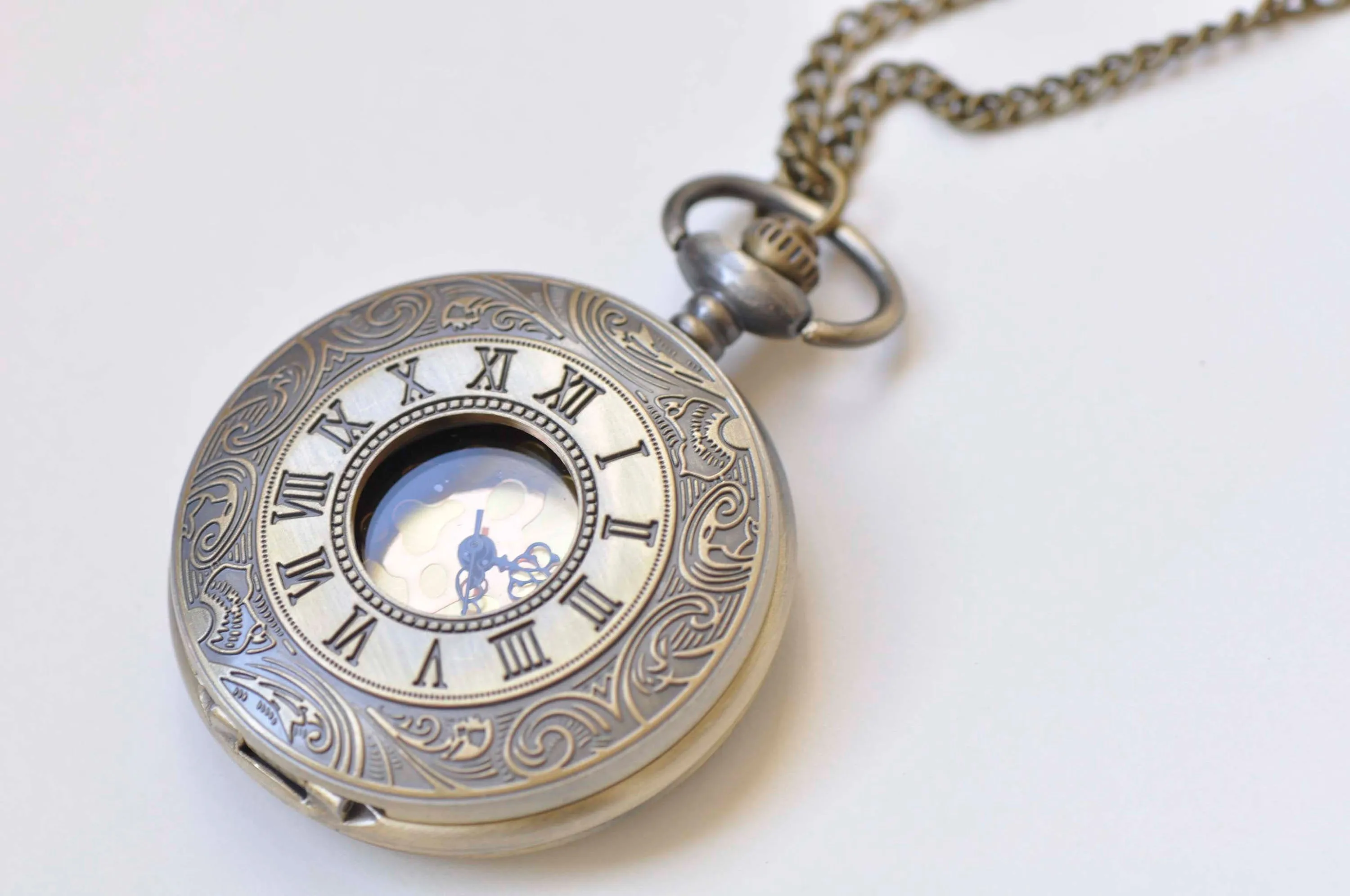 Antique Bronze Double Numerals Pocket Watch Necklace Set of 1 A2656