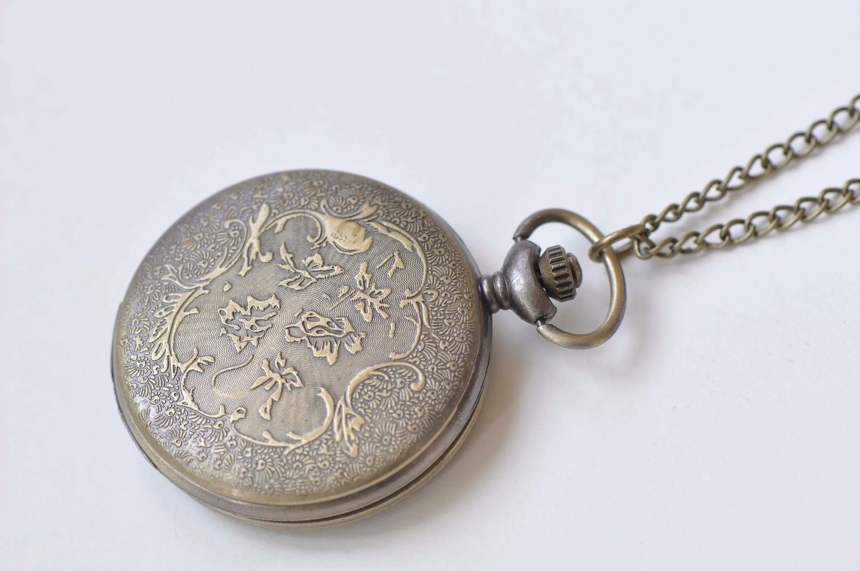 Antique Bronze Double Numerals Pocket Watch Necklace Set of 1 A6610