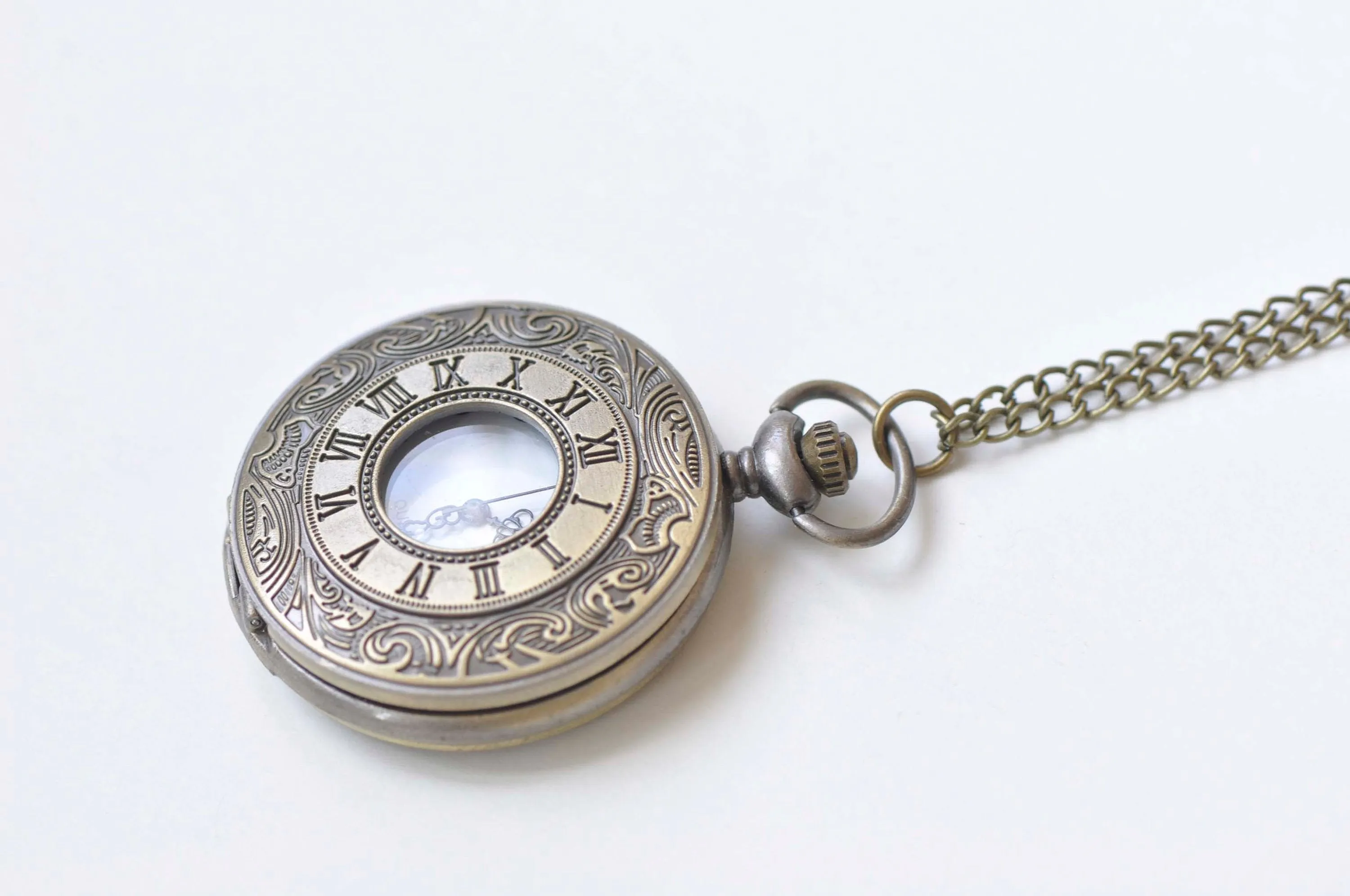 Antique Bronze Double Numerals Pocket Watch Necklace Set of 1 A6610