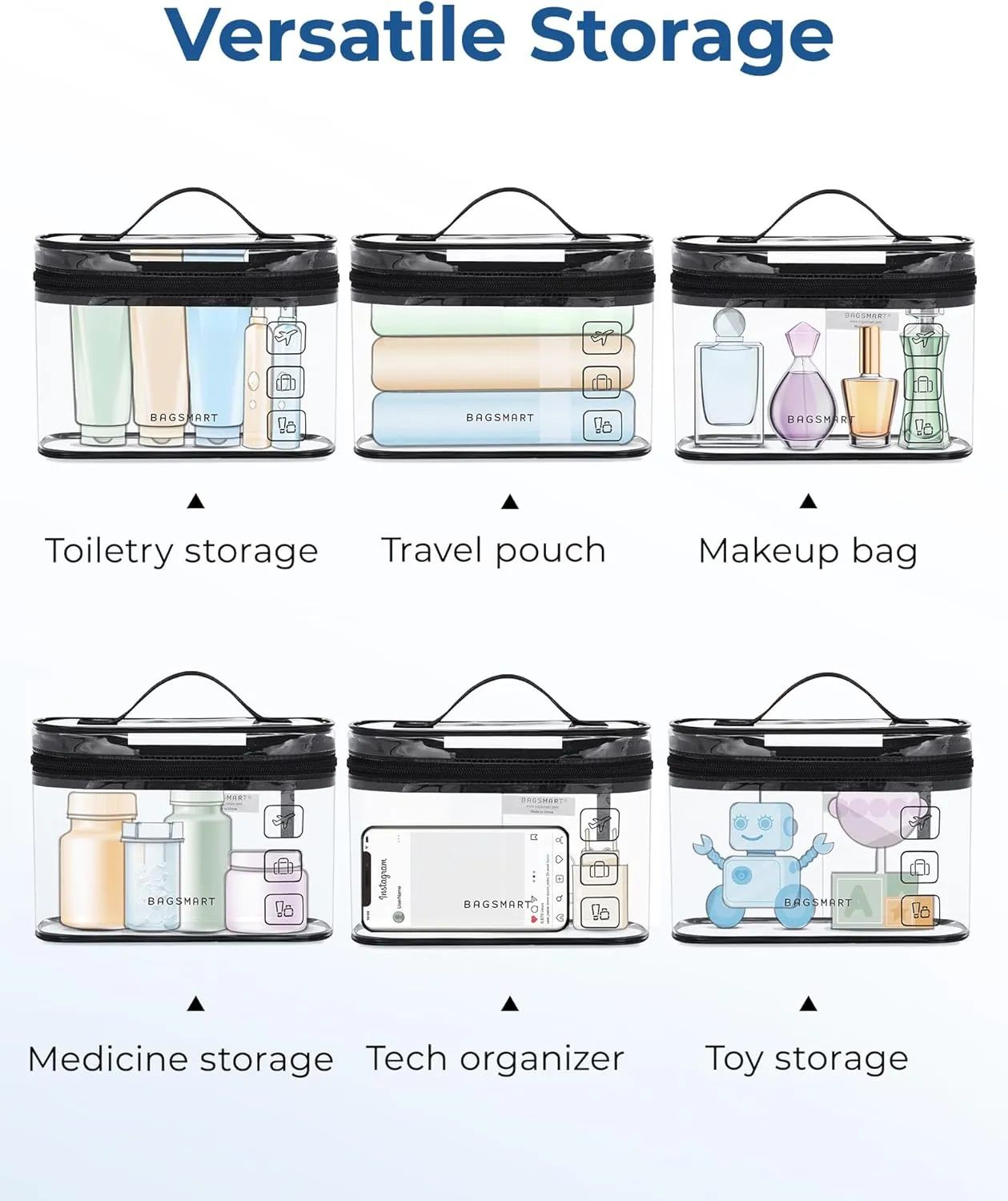 BAGSMART TSA Approved Toiletry Bag, 2 Pack Clear Makeup Cosmetic Bag Organizer, Quart Size Travel Bag for Toiletries, Carry-on Travel Accessories Essentials, White-2pcs
