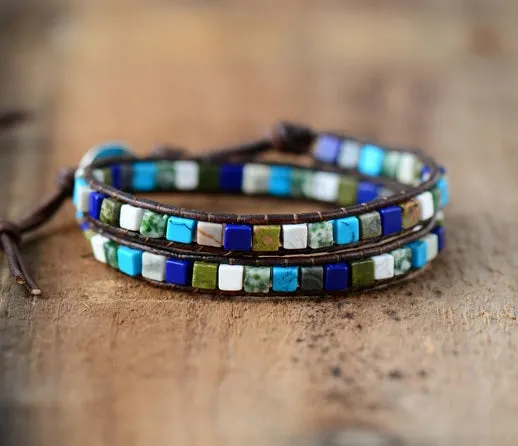 Blue Lapis Lazuli White Howlite Jasper Mix Beaded Wrap Bracelet