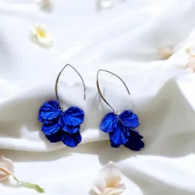 Blue - Royal blue iridescent flower earrings | gold shinny shell petals dangle earrings |unique floral earrings | bridal party wedding earrings