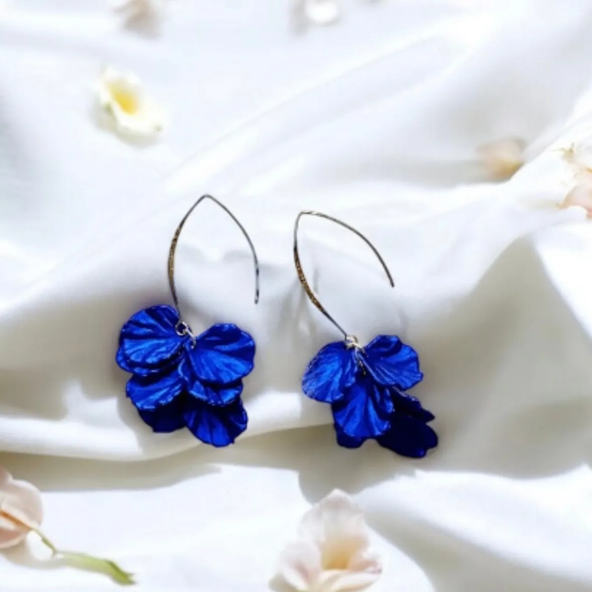 Blue - Royal blue iridescent flower earrings | gold shinny shell petals dangle earrings |unique floral earrings | bridal party wedding earrings