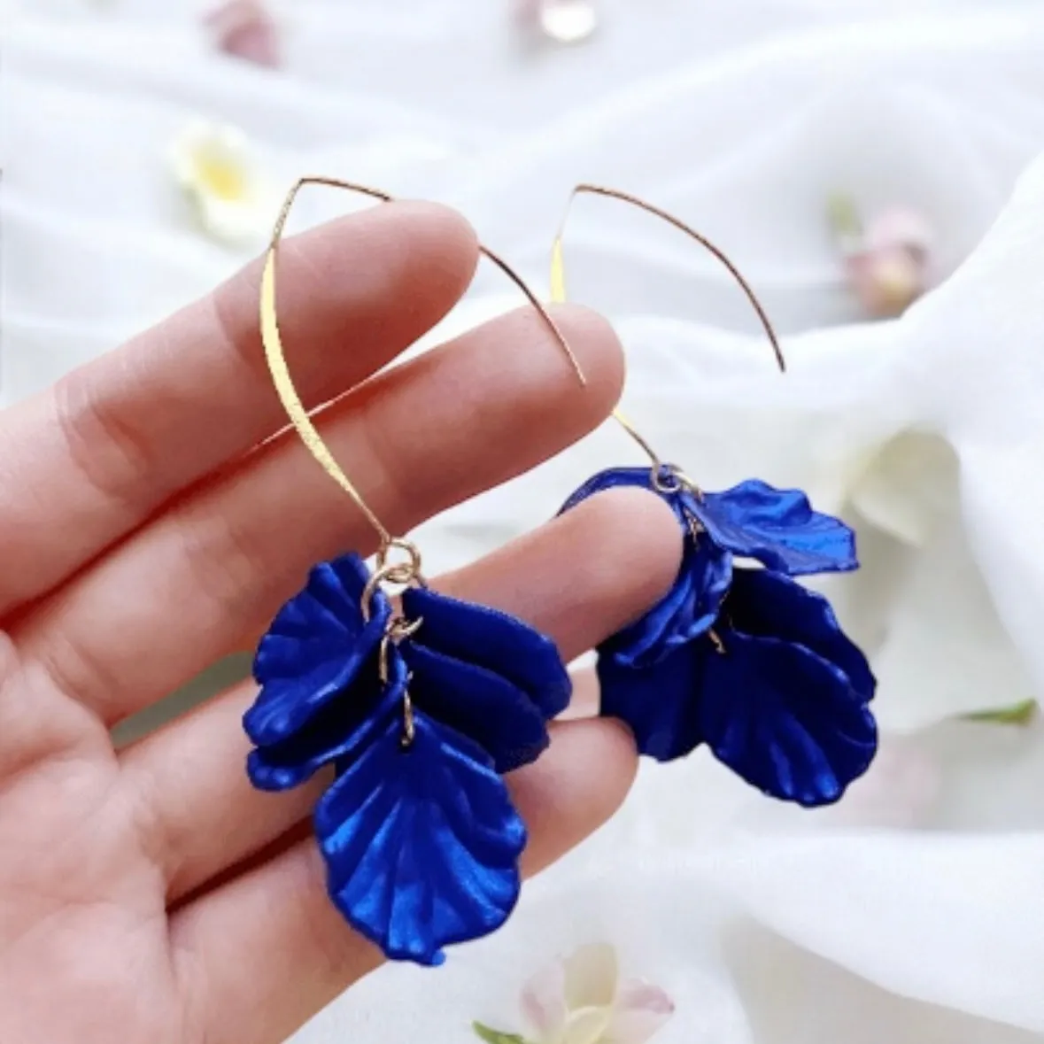 Blue - Royal blue iridescent flower earrings | gold shinny shell petals dangle earrings |unique floral earrings | bridal party wedding earrings
