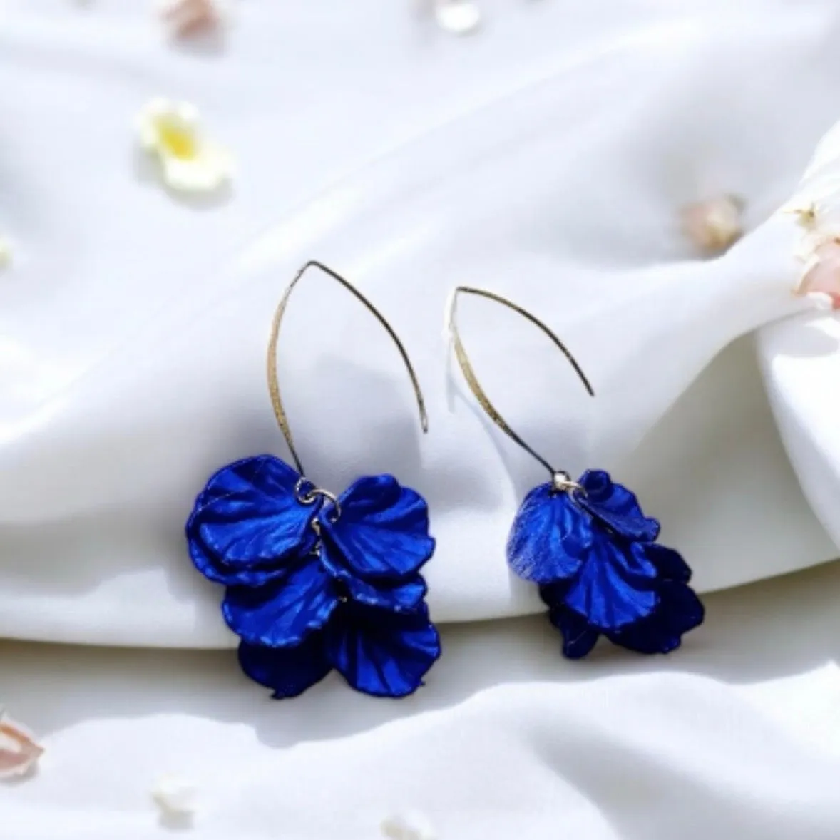 Blue - Royal blue iridescent flower earrings | gold shinny shell petals dangle earrings |unique floral earrings | bridal party wedding earrings