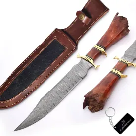 Bowie Knives 16" Handmade Hunting Knife with Leather Sheath,Hand Forged Damascus Steel Fixed Blade Bowie Knife,Camel bone handle firm grip (Brown)