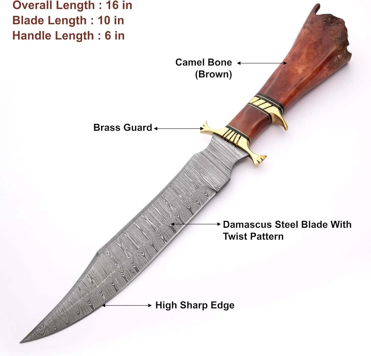 Bowie Knives 16" Handmade Hunting Knife with Leather Sheath,Hand Forged Damascus Steel Fixed Blade Bowie Knife,Camel bone handle firm grip (Brown)