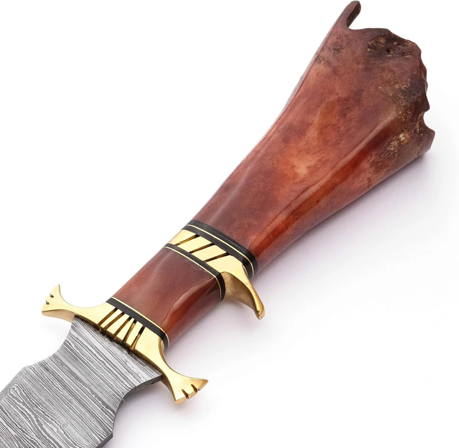 Bowie Knives 16" Handmade Hunting Knife with Leather Sheath,Hand Forged Damascus Steel Fixed Blade Bowie Knife,Camel bone handle firm grip (Brown)