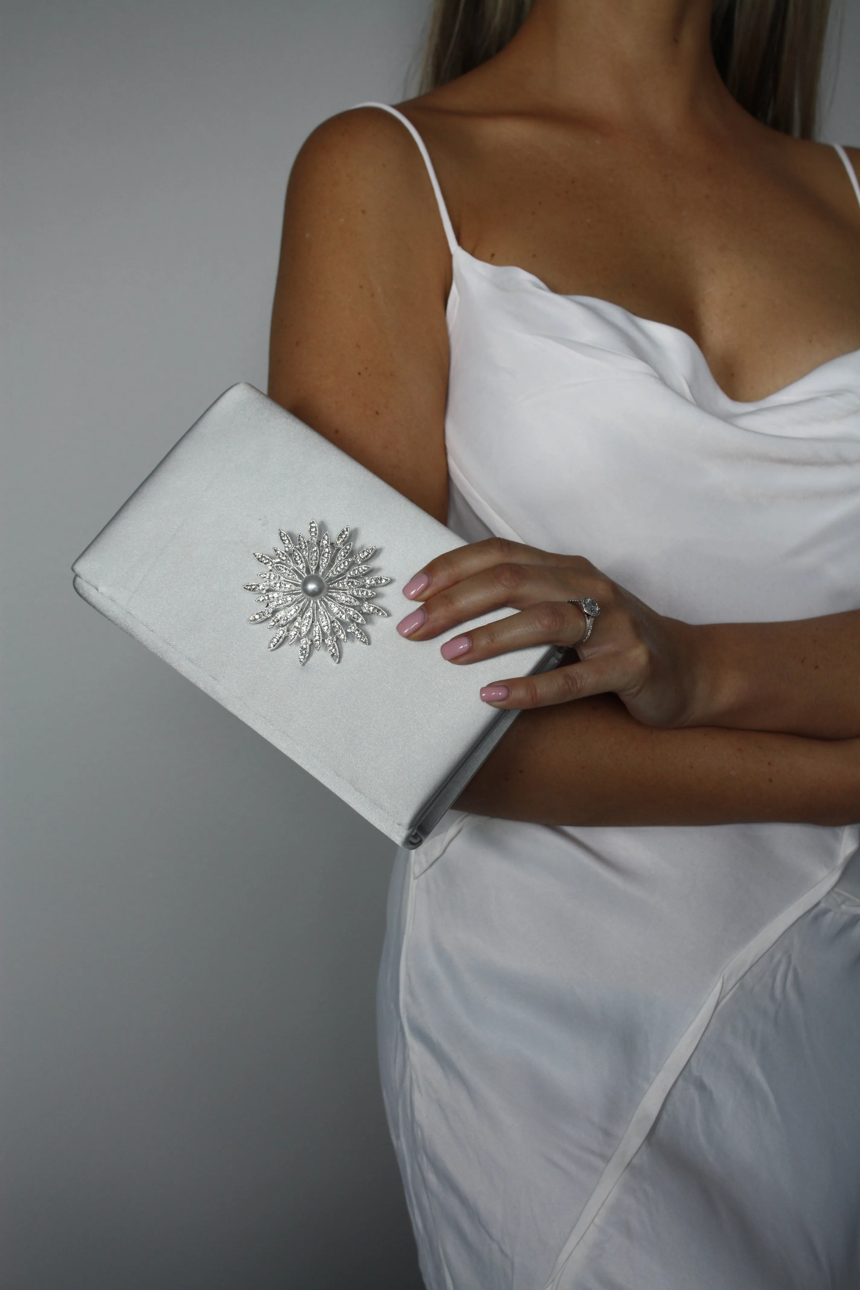 Champagne Satin Crystal Clutch