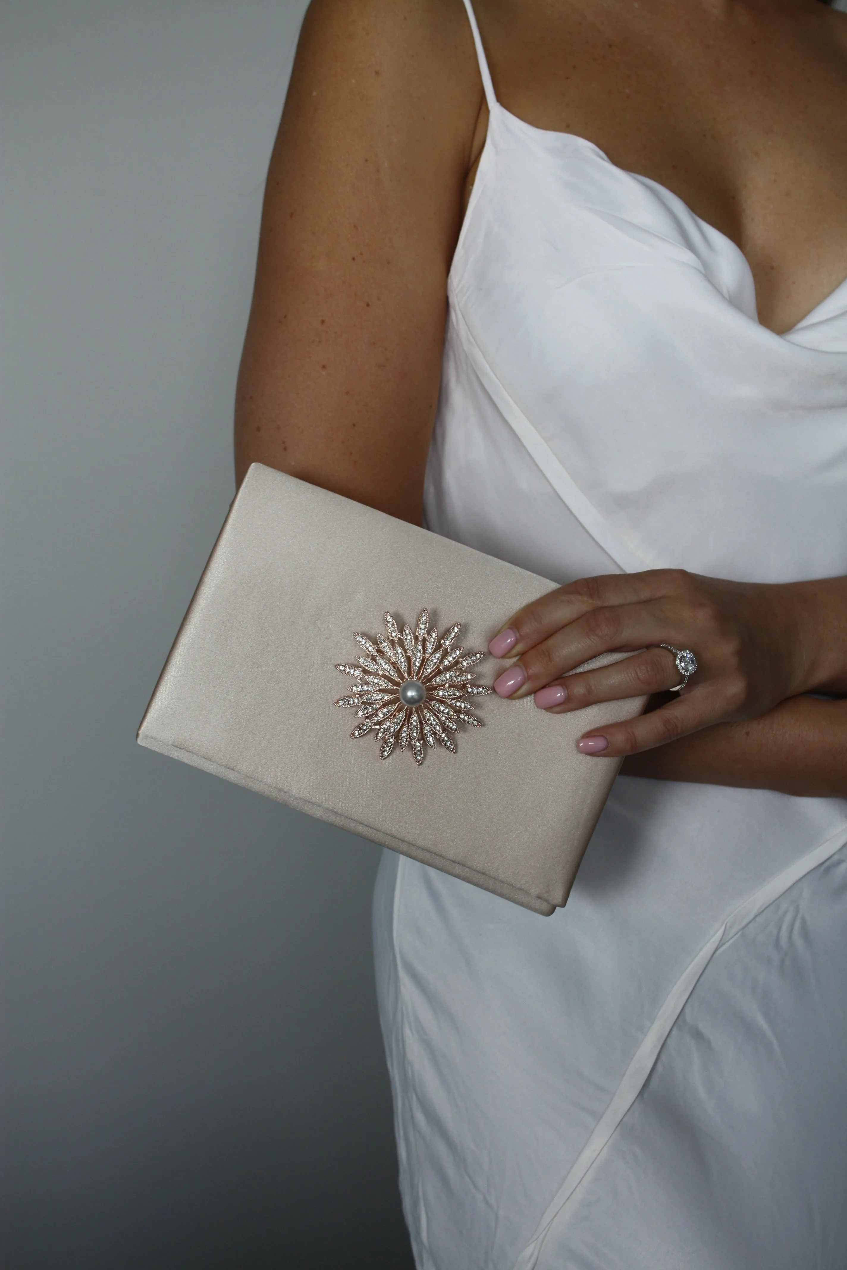 Champagne Satin Crystal Clutch