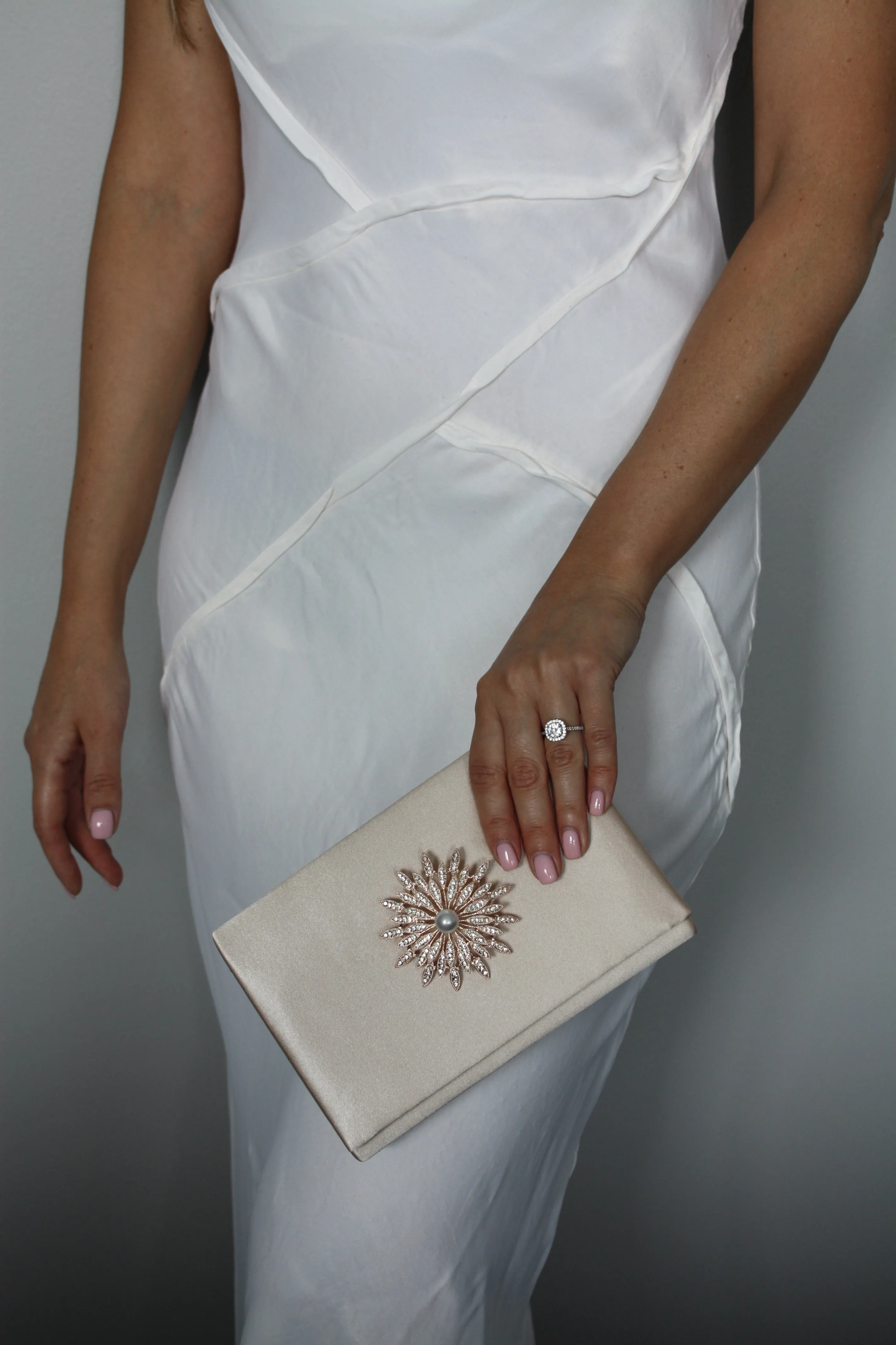 Champagne Satin Crystal Clutch
