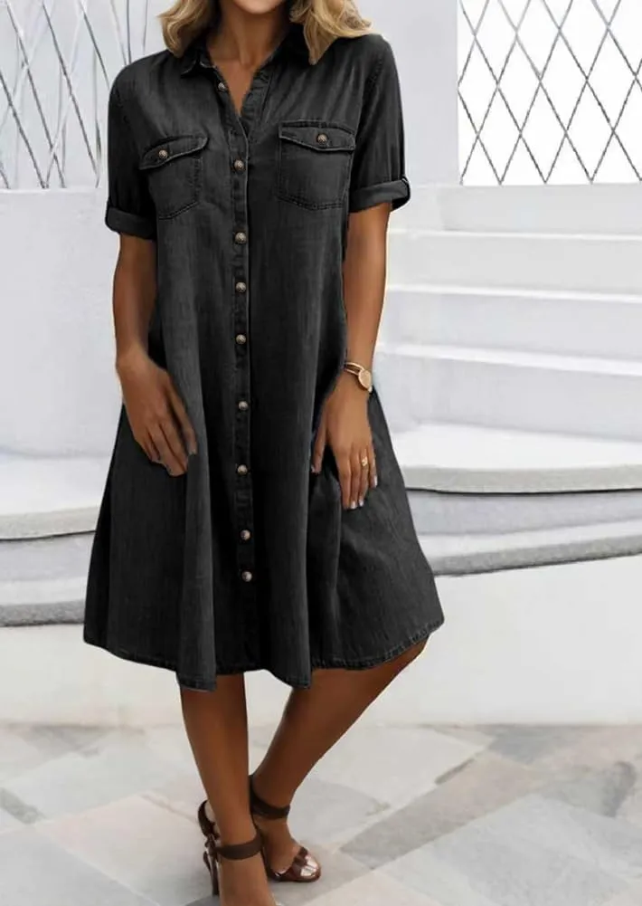chouyatou Women's Summer Short Sleeve Denim Shirt Dress Business Casual Button Down Midi Long Jean Dress