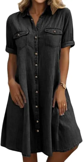 chouyatou Women's Summer Short Sleeve Denim Shirt Dress Business Casual Button Down Midi Long Jean Dress