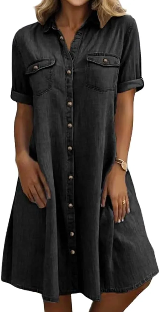 chouyatou Women's Summer Short Sleeve Denim Shirt Dress Business Casual Button Down Midi Long Jean Dress