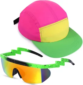 Cindeer 2 Pcs 80s 90s Neon Hat Neon Retro Semi Rimless Sunglasses, 80s Costumes Accessories for Women Men 90s Theme Party