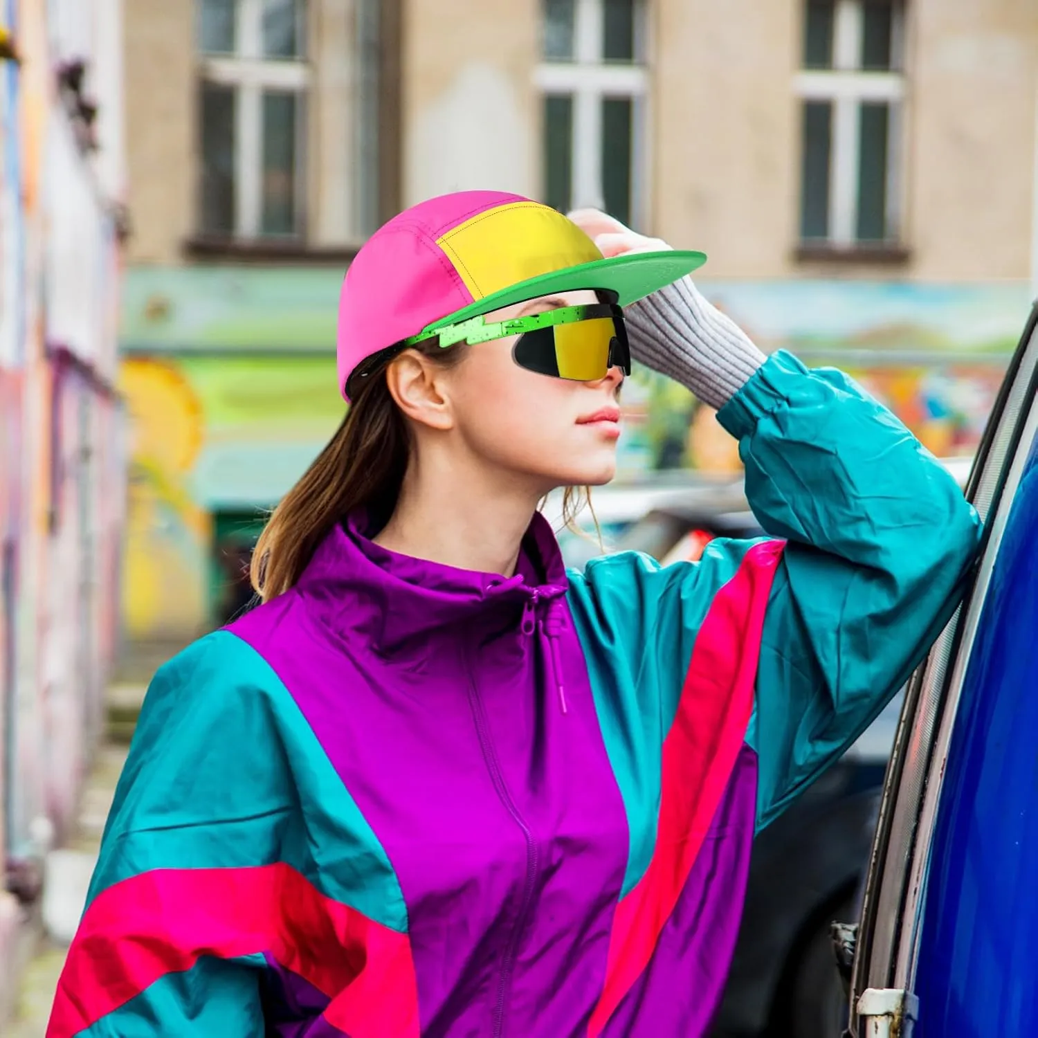Cindeer 2 Pcs 80s 90s Neon Hat Neon Retro Semi Rimless Sunglasses, 80s Costumes Accessories for Women Men 90s Theme Party