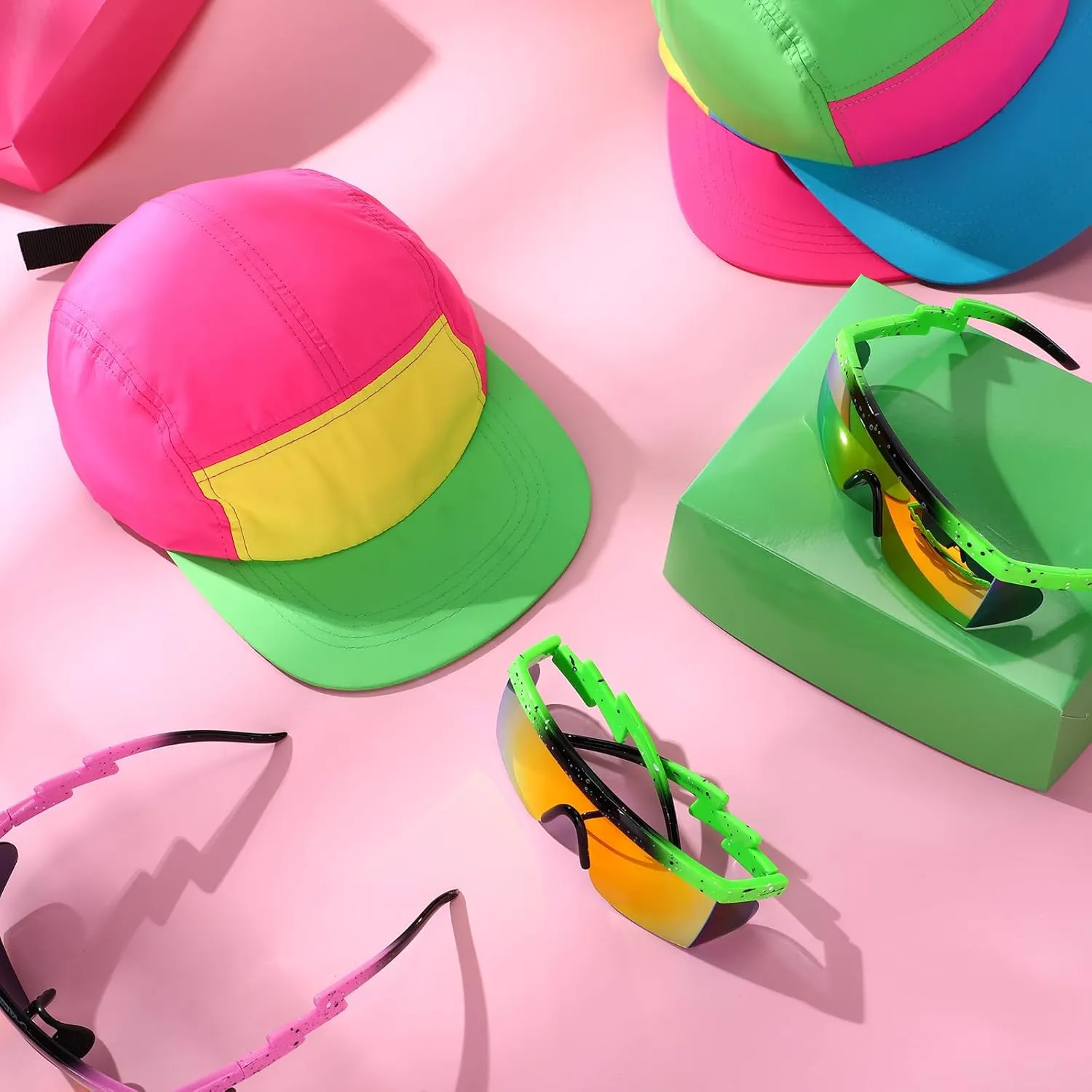 Cindeer 2 Pcs 80s 90s Neon Hat Neon Retro Semi Rimless Sunglasses, 80s Costumes Accessories for Women Men 90s Theme Party