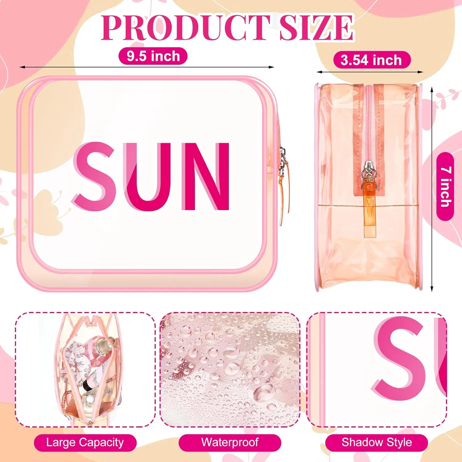 Clear Makeup Bag 9.4"x7"x3.5" Pink Travel Toiletry Bag Large Cosmetic Pouch PVC Waterproof Transparent Zippered Organizer for Women Girl Summer Beach (Sun)