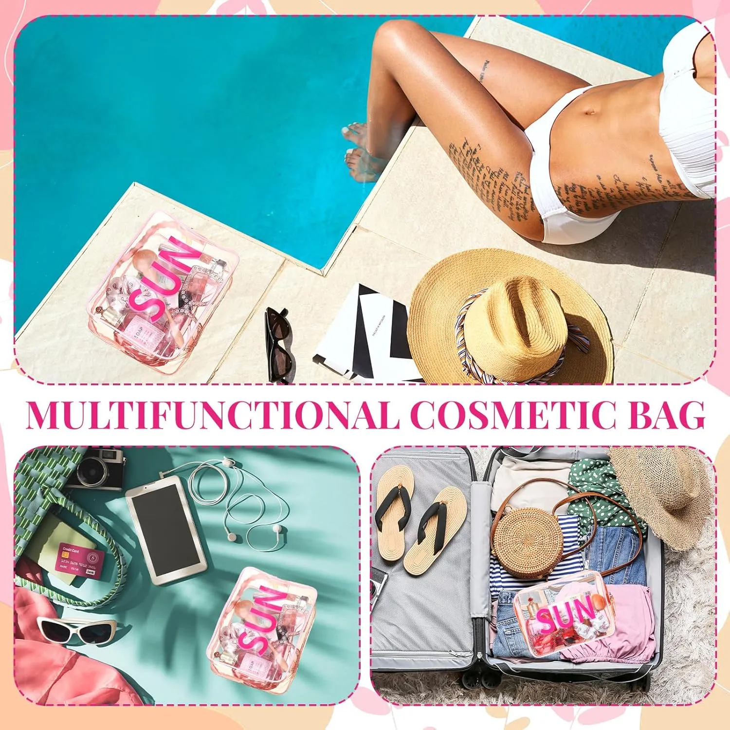 Clear Makeup Bag 9.4"x7"x3.5" Pink Travel Toiletry Bag Large Cosmetic Pouch PVC Waterproof Transparent Zippered Organizer for Women Girl Summer Beach (Sun)