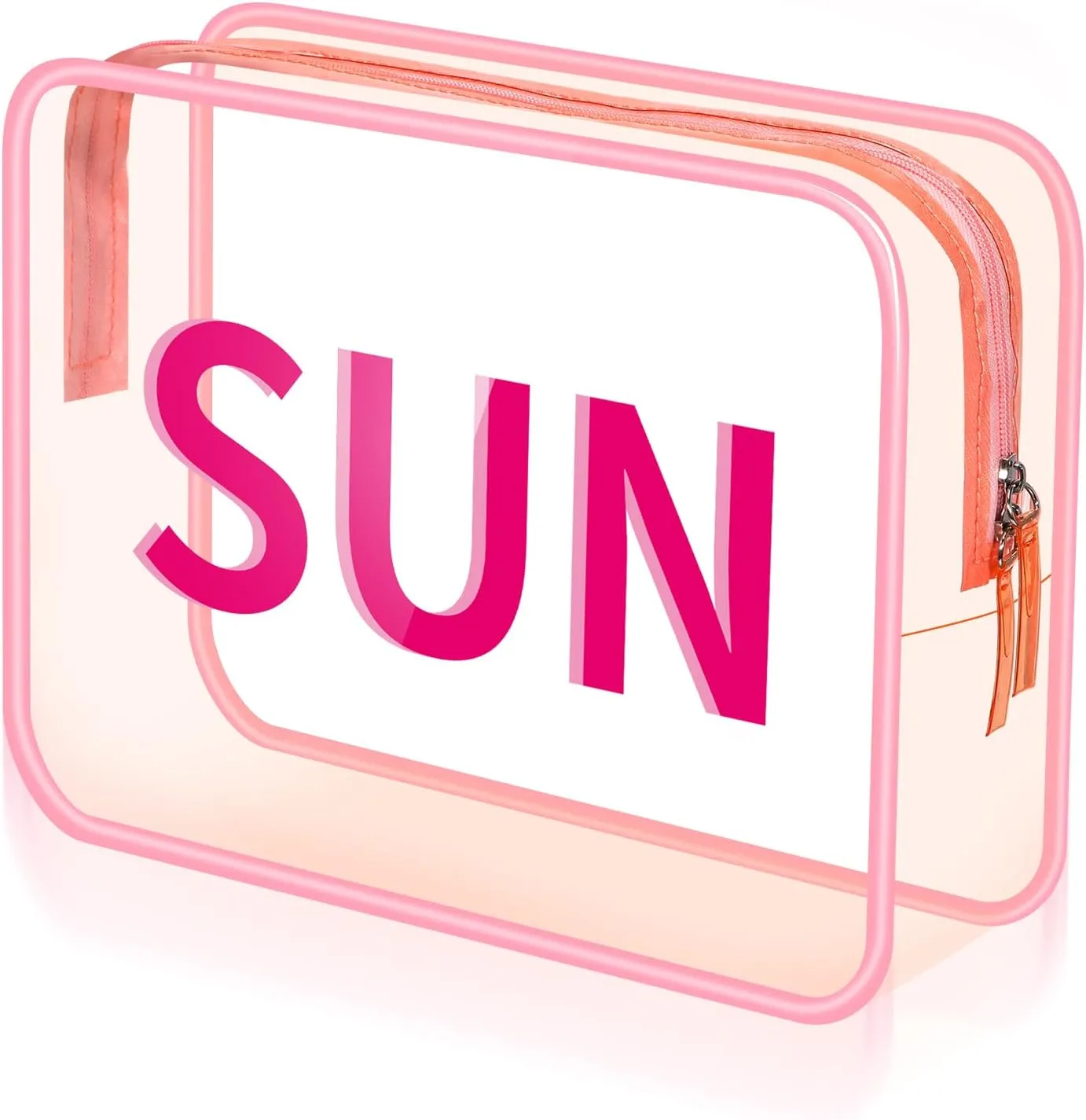 Clear Makeup Bag 9.4"x7"x3.5" Pink Travel Toiletry Bag Large Cosmetic Pouch PVC Waterproof Transparent Zippered Organizer for Women Girl Summer Beach (Sun)