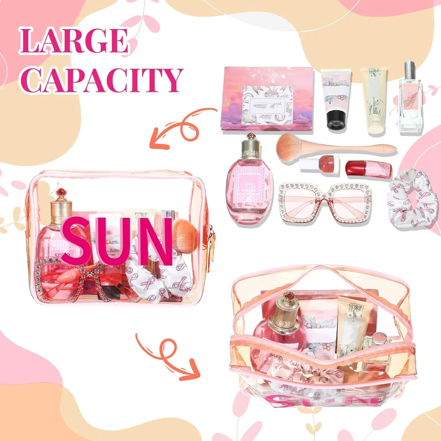 Clear Makeup Bag 9.4"x7"x3.5" Pink Travel Toiletry Bag Large Cosmetic Pouch PVC Waterproof Transparent Zippered Organizer for Women Girl Summer Beach (Sun)