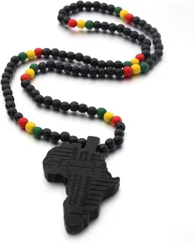 COLORFUL BLING Multicolor 8MM Wooden Bead Chain African Hip-hop Africa Map Pendant Necklace for Men Boys Natural Wood Jewelry