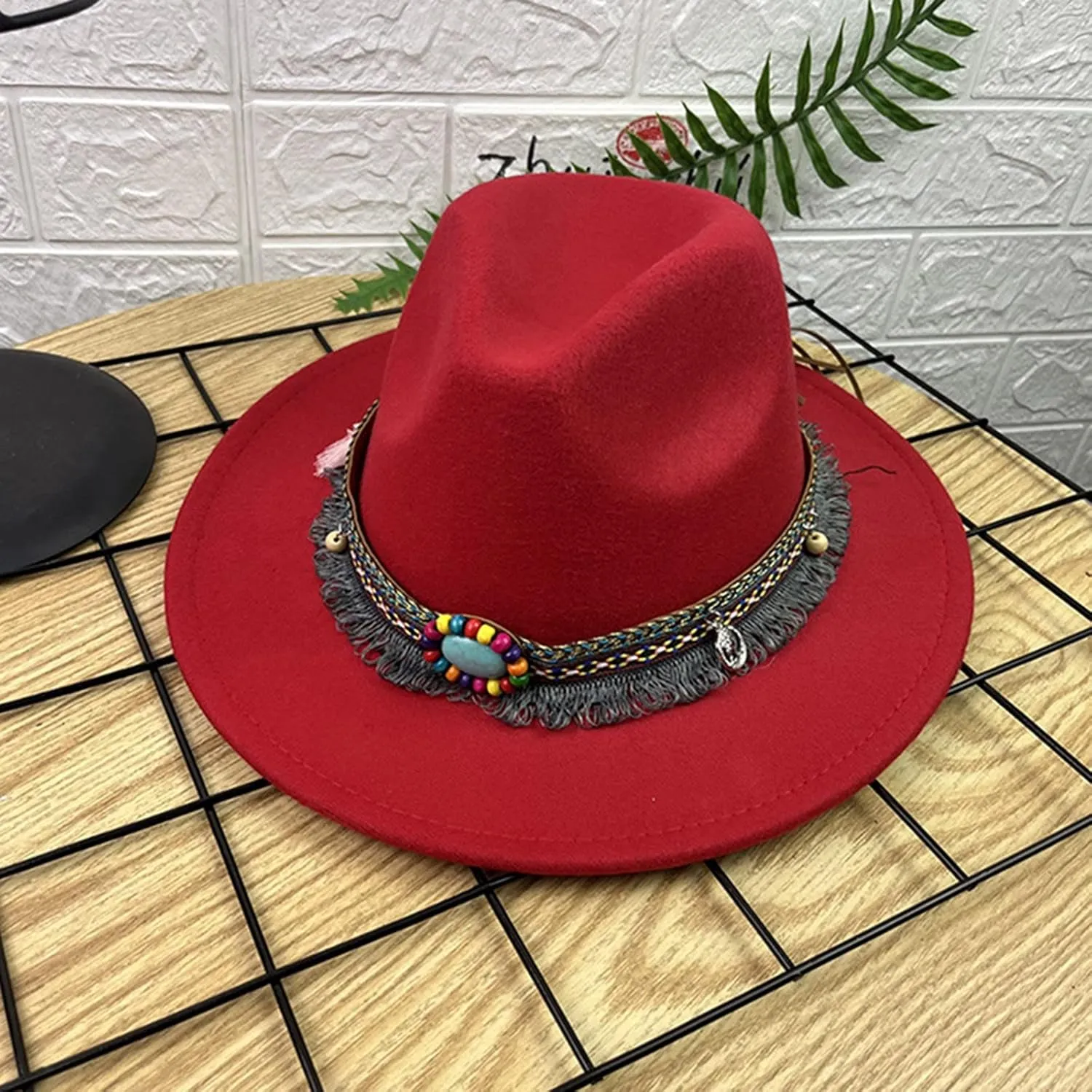 Cowboy Hat for Women Men Felt Fedora Western Wide Brim Tassel Belt Cowgirl Decorative Bands Hats