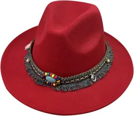 Cowboy Hat for Women Men Felt Fedora Western Wide Brim Tassel Belt Cowgirl Decorative Bands Hats