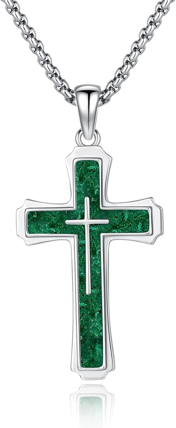 Cross Necklace for Men 925 Sterling Silver Abalone Shell/Opal/Malachite/Turquoise/Lapis Lazuli/Obsidian/Tiger Eye Stone/Red Coral/Black Tourmaline/Celtic Cross Pendant Religious Jewelry Gift