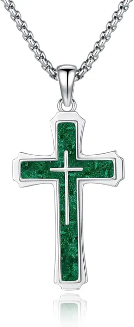 Cross Necklace for Men 925 Sterling Silver Abalone Shell/Opal/Malachite/Turquoise/Lapis Lazuli/Obsidian/Tiger Eye Stone/Red Coral/Black Tourmaline/Celtic Cross Pendant Religious Jewelry Gift