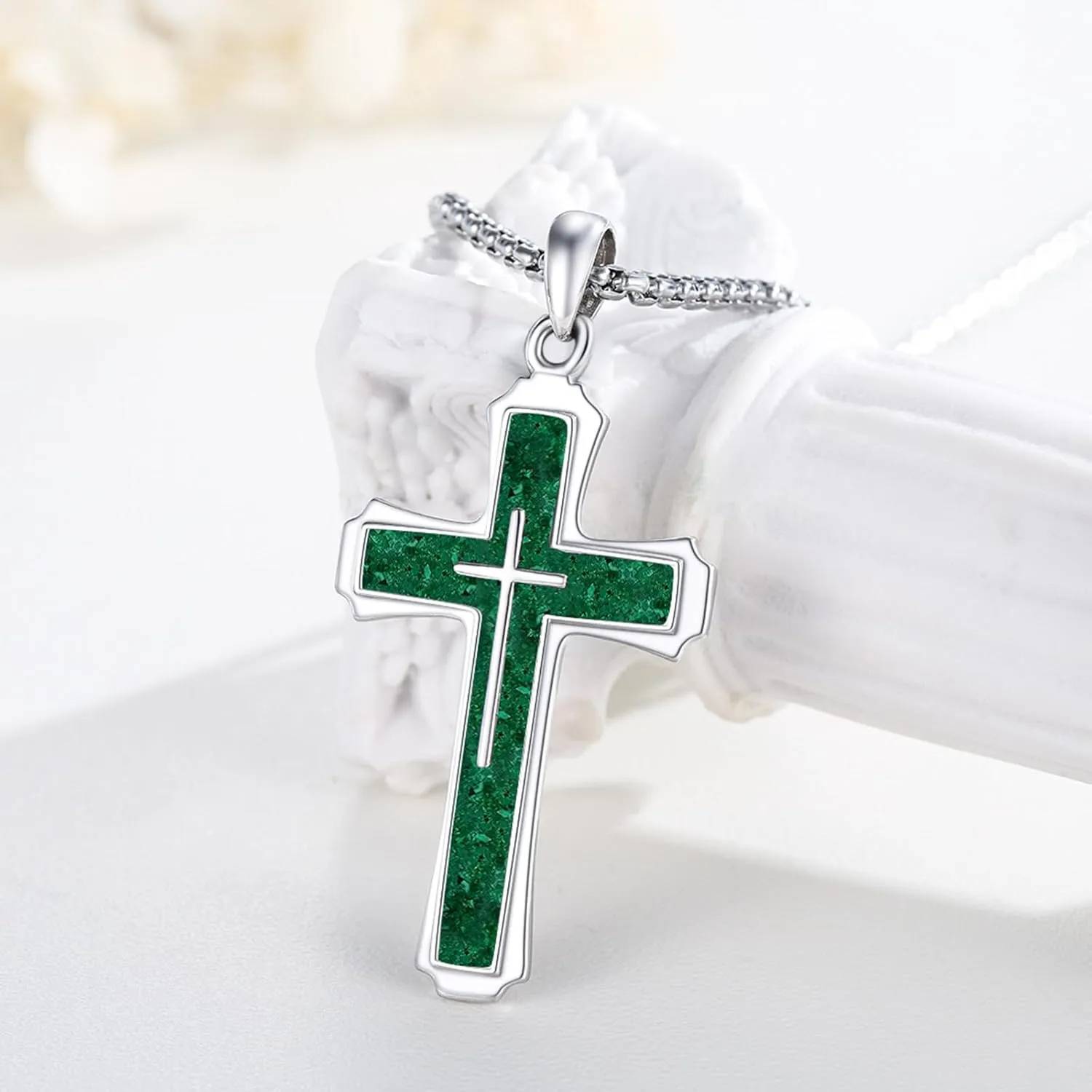 Cross Necklace for Men 925 Sterling Silver Abalone Shell/Opal/Malachite/Turquoise/Lapis Lazuli/Obsidian/Tiger Eye Stone/Red Coral/Black Tourmaline/Celtic Cross Pendant Religious Jewelry Gift