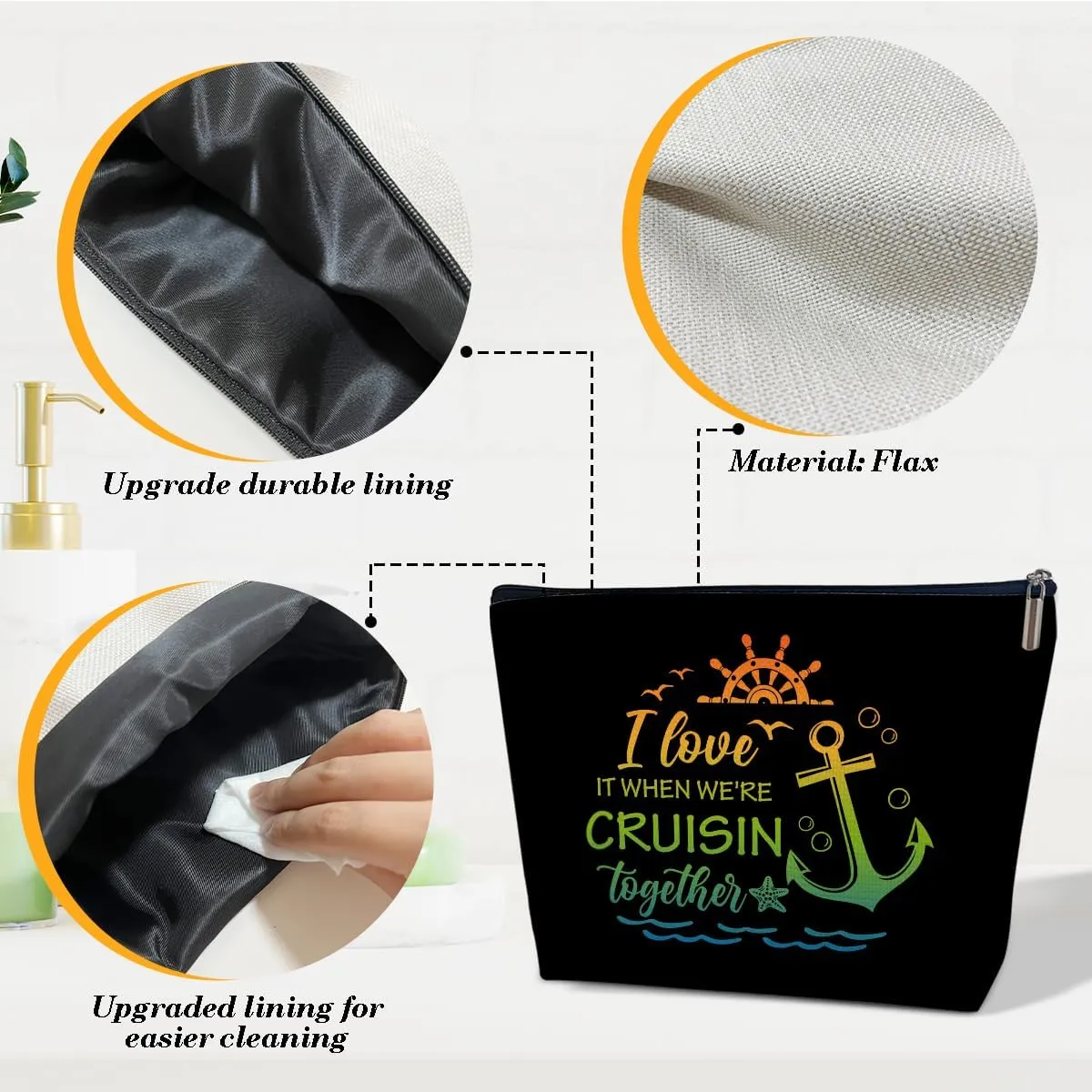 Cruise Travel Makeup Gift Bag, Cosmetic Zipper Pouch For Women Girls Mom Sister Friend, Wet Toiletry Baby Diaper Bag, Ocean Sea Shells Beach Starfish Decor, Cruise Lover Summer Vacation Gifts