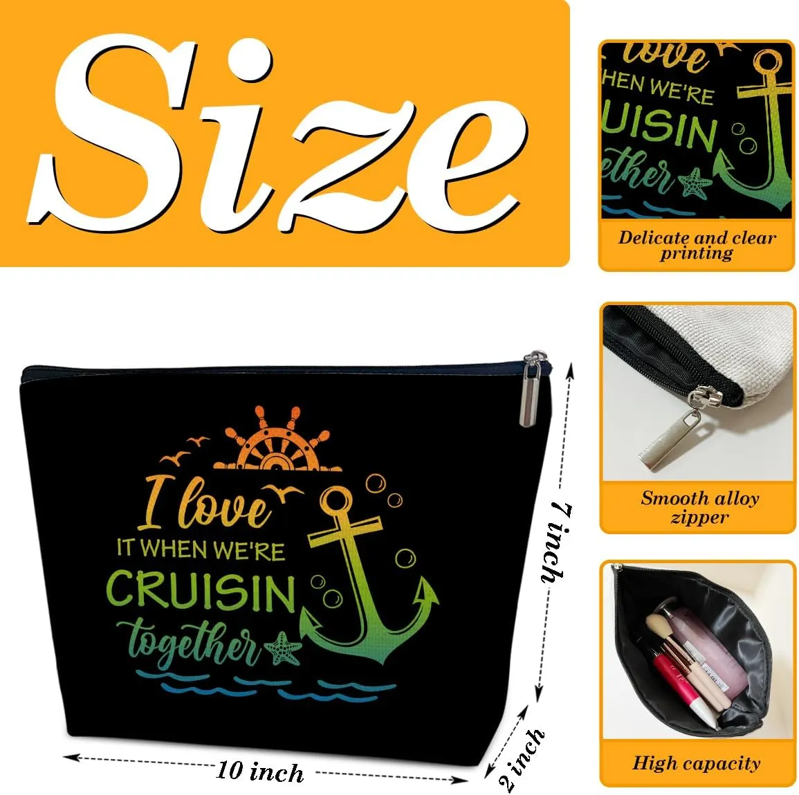 Cruise Travel Makeup Gift Bag, Cosmetic Zipper Pouch For Women Girls Mom Sister Friend, Wet Toiletry Baby Diaper Bag, Ocean Sea Shells Beach Starfish Decor, Cruise Lover Summer Vacation Gifts