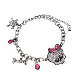 Cute Bone Chunky Chain Pink Ribbon Skull Bracelet