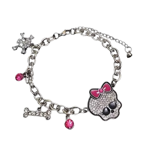 Cute Bone Chunky Chain Pink Ribbon Skull Bracelet