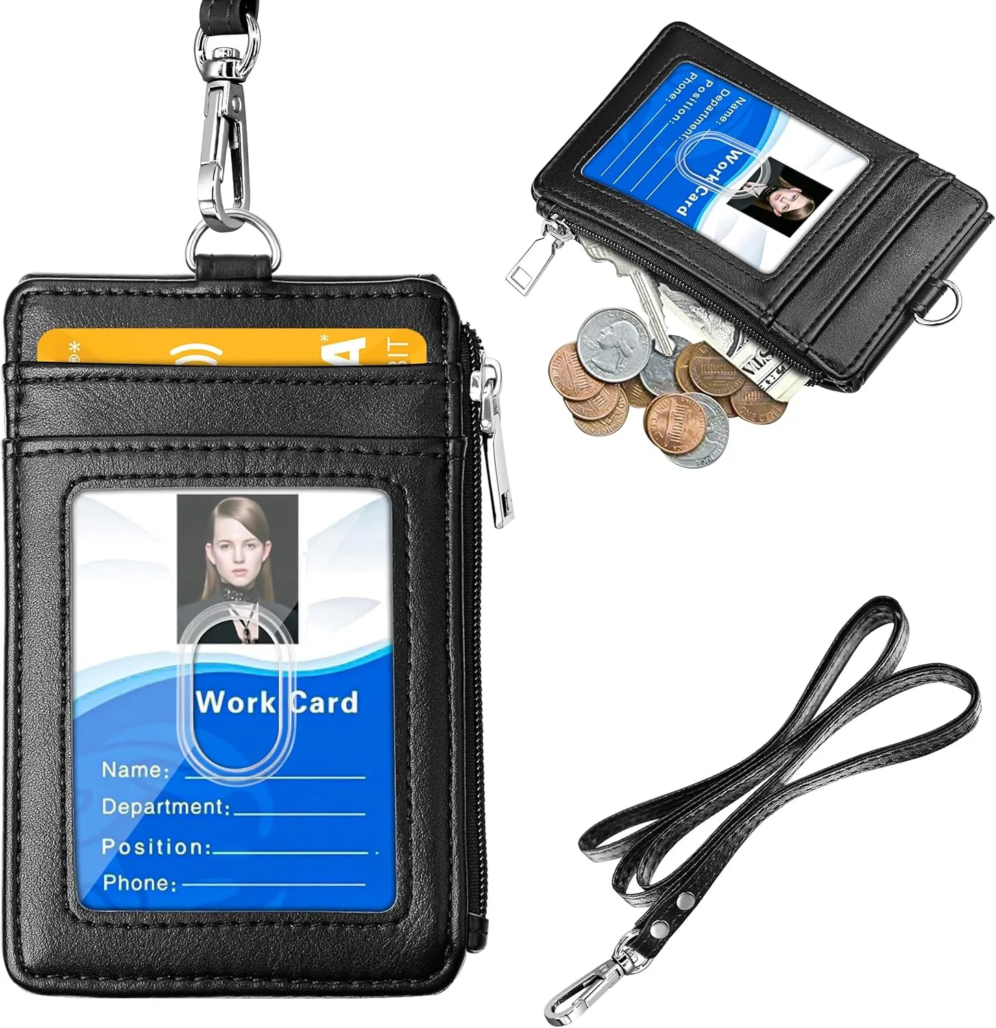 ELV Badge Holder with Zipper, PU Leather ID Badge Card Holder Wallet with 5 Card Slots, 1 Side RFID Blocking Pocket and 20 inch Neck Lanyard Strap for Offices ID, School ID, Driver Licence (Black)