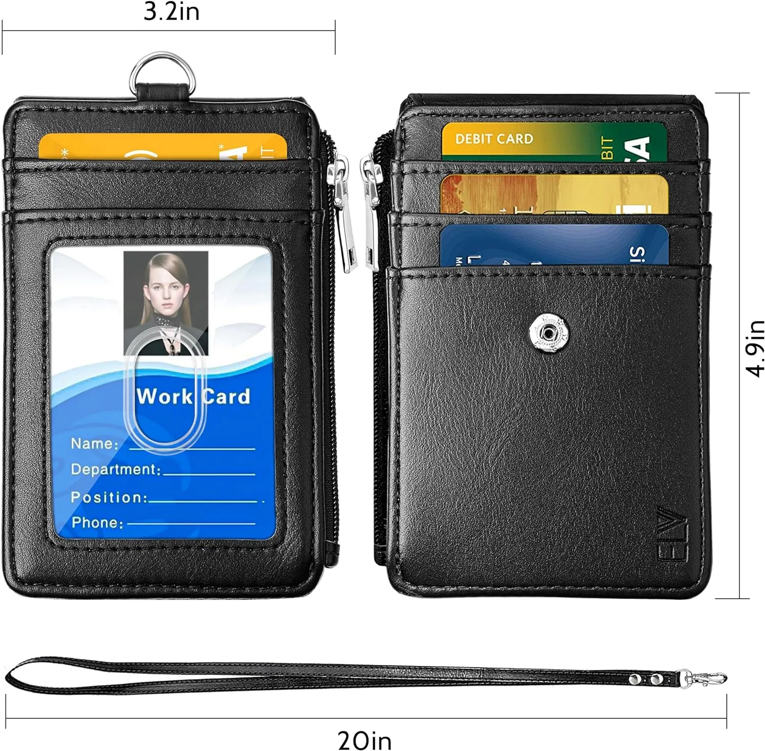 ELV Badge Holder with Zipper, PU Leather ID Badge Card Holder Wallet with 5 Card Slots, 1 Side RFID Blocking Pocket and 20 inch Neck Lanyard Strap for Offices ID, School ID, Driver Licence (Black)