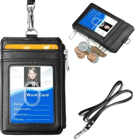 ELV Badge Holder with Zipper, PU Leather ID Badge Card Holder Wallet with 5 Card Slots, 1 Side RFID Blocking Pocket and 20 inch Neck Lanyard Strap for Offices ID, School ID, Driver Licence (Black)