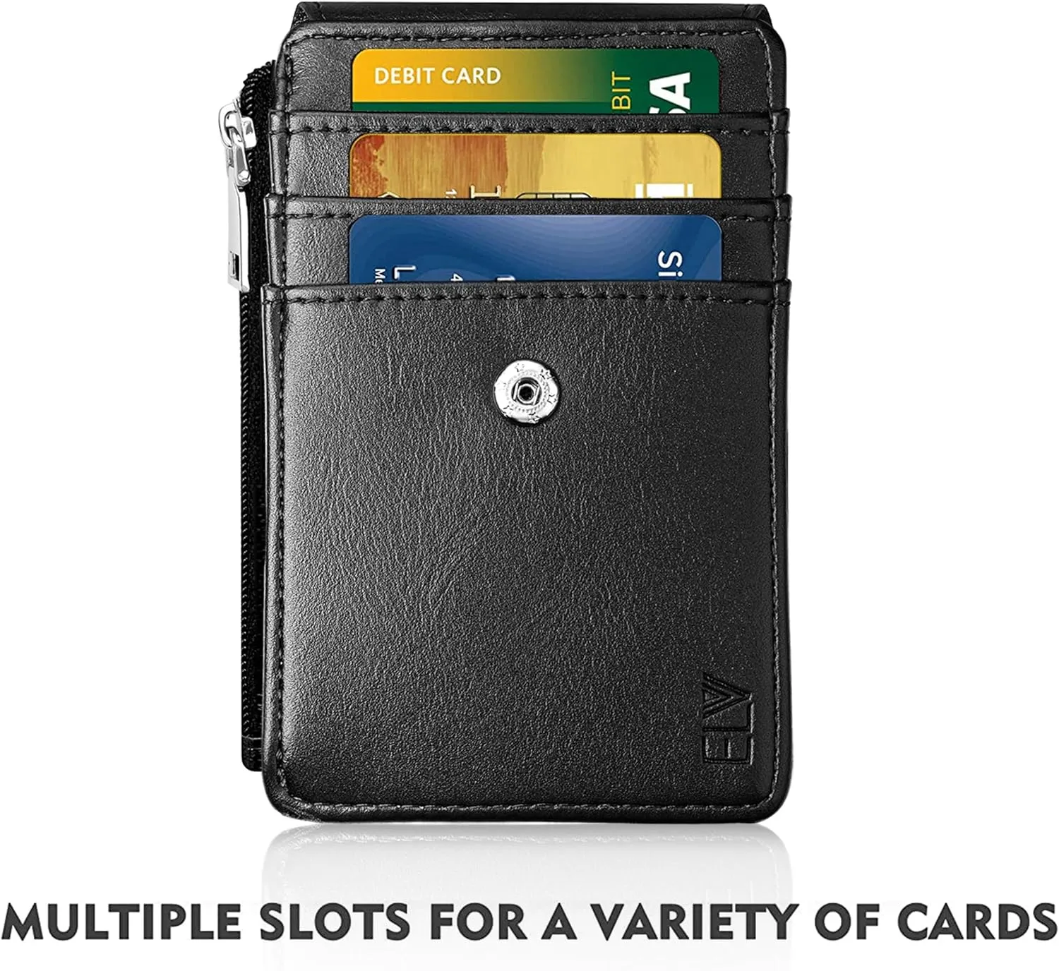 ELV Badge Holder with Zipper, PU Leather ID Badge Card Holder Wallet with 5 Card Slots, 1 Side RFID Blocking Pocket and 20 inch Neck Lanyard Strap for Offices ID, School ID, Driver Licence (Black)