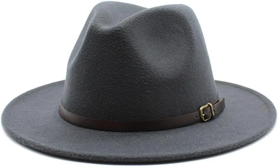 European and American New Woolen Hat Men and Women Gentleman Jazz Hat Autumn and Winter Flat Brim Felt Big Brim Hat Fengyan Cowboy Hats (Color : Dark Grey, Size : 56-58cm)
