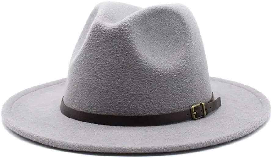 European and American New Woolen Hat Men and Women Gentleman Jazz Hat Autumn and Winter Flat Brim Felt Big Brim Hat Fengyan Cowboy Hats (Color : Light Grey, Size : 56-58cm)