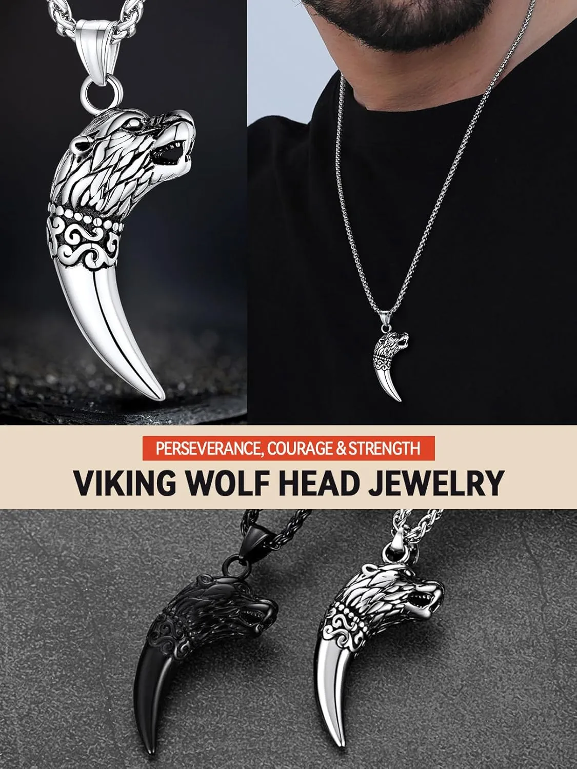 FaithHeart Norse Viking Wolf Pendant Necklace for Men/Women, Stainless Steel/18K Gold Plated Nordic Vikings Stuff Jewelry with Gift Packaging
